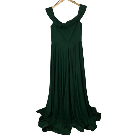 La Femme Off The Shoulder Jersey Fit & Flare Gown Green Dress Size 16 Formal - Picture 7 of 11